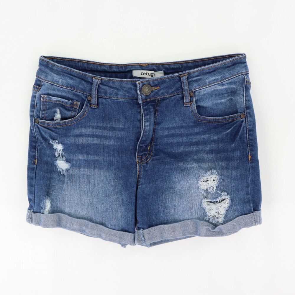 Refuge Distressed Jean Shorts Womens Sz 6 Blue Medium Wash Denim Cuffed Mid Rise